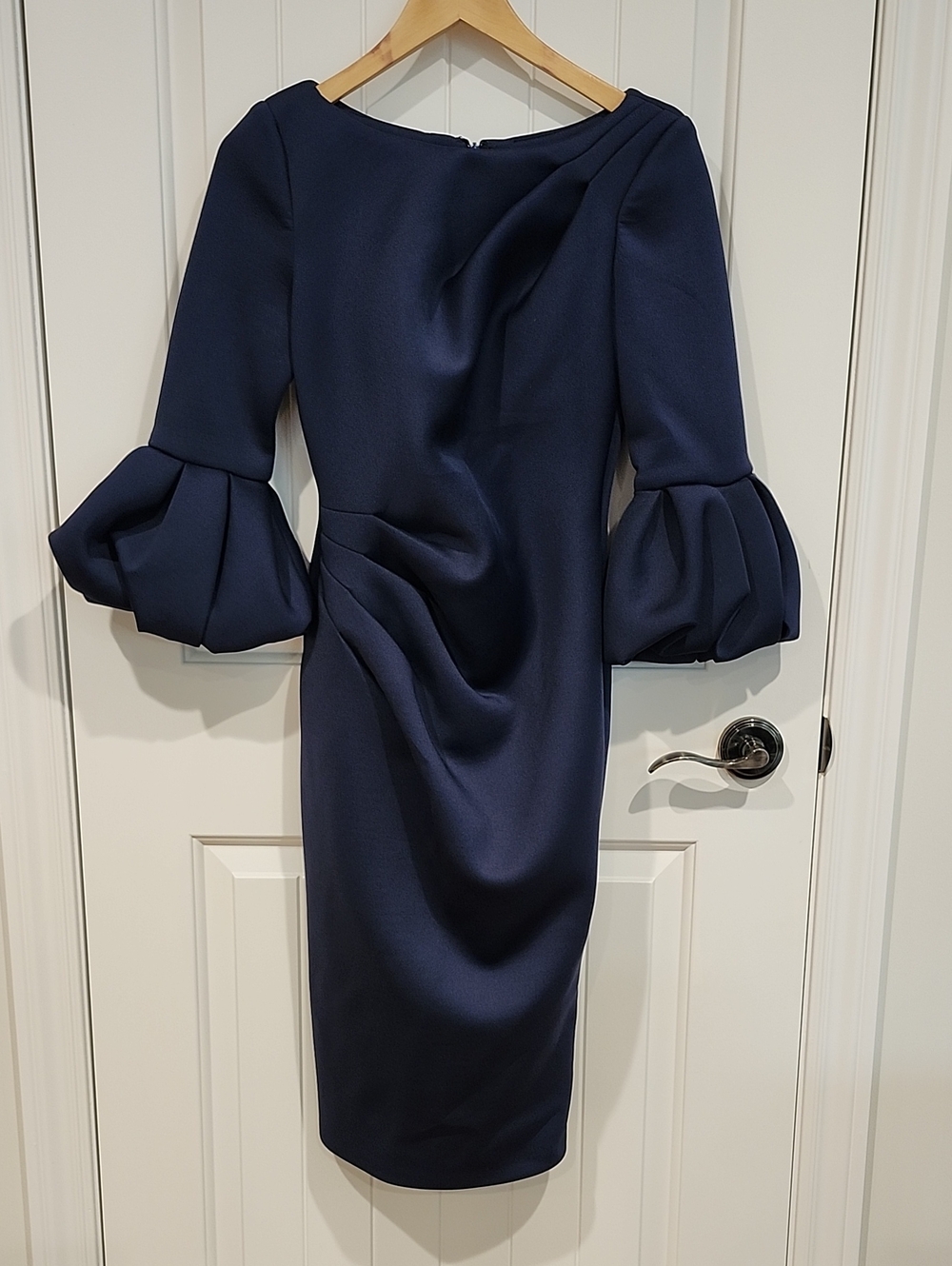 Jovani Navy Puff-Sleeve Midi Sheath Dress